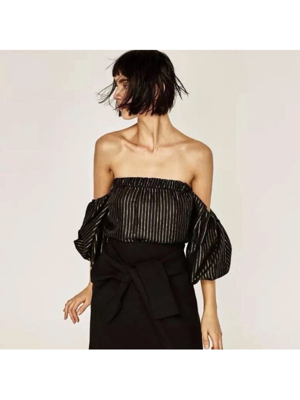 Zara Black Metallic-Striped Off-Shoulder Puff Sleeve Top